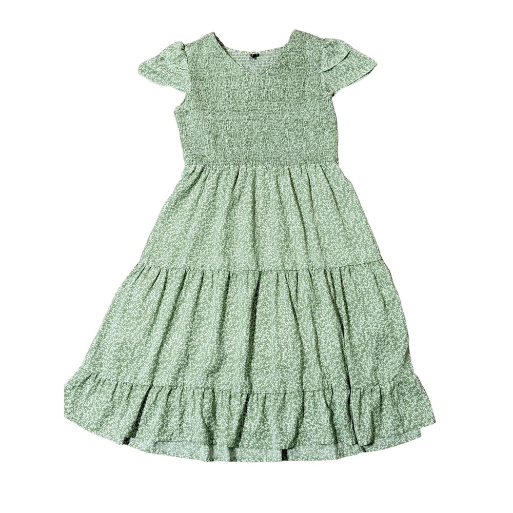 Zattcas Womens‎ XL Sage Green Floral Smocked Tiered Flutter Sleeve Midi Dress